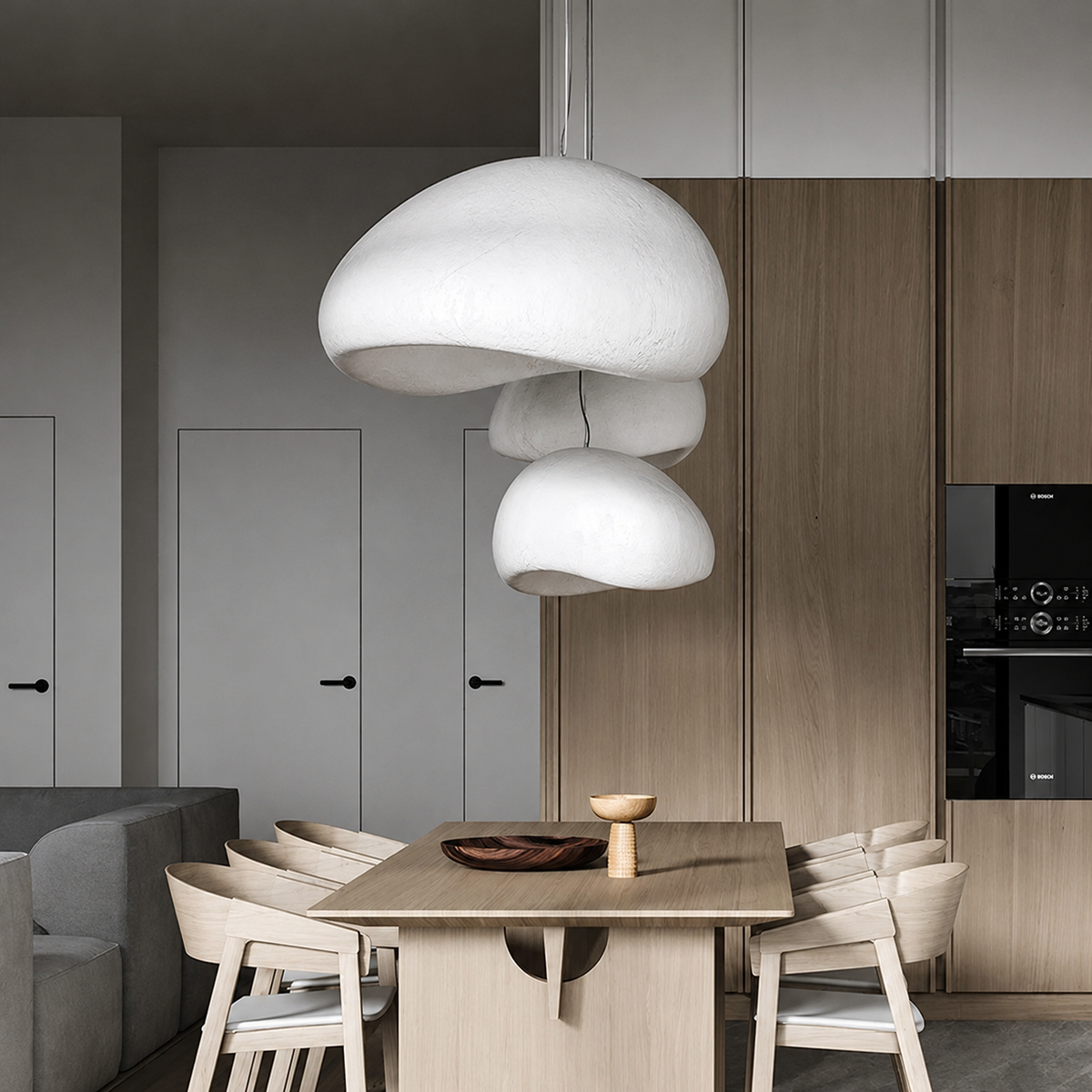 A modern multi-tiered pendant light with organic