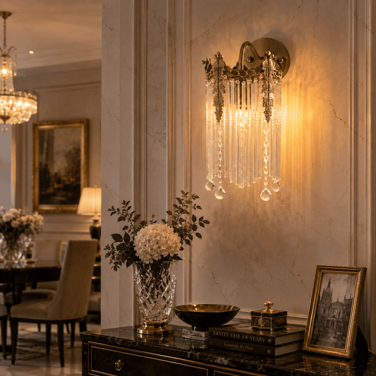 A wall sconce with cascading clear crystal prisms, mounted on a beige marble wall in an elegant