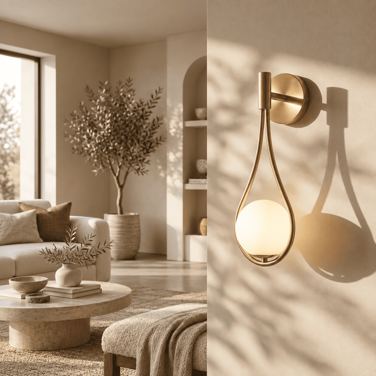 A modern wall-mounted light fixture with a teardrop-shaped frosted glass globe