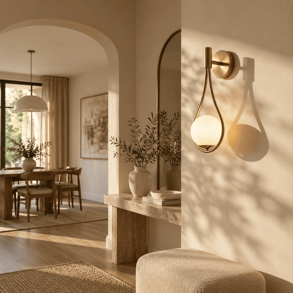 A modern wall-mounted sconce with a gold-toned metal frame and a frosted white glass shade, mounted on a warm beige wall in a sunlit interior.