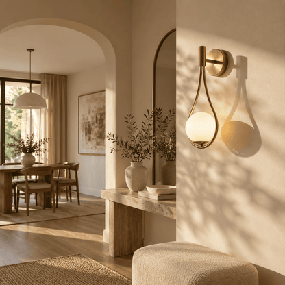A modern wall-mounted sconce with a gold-toned metal frame and a frosted white glass shade, mounted on a warm beige wall in a sunlit interior.