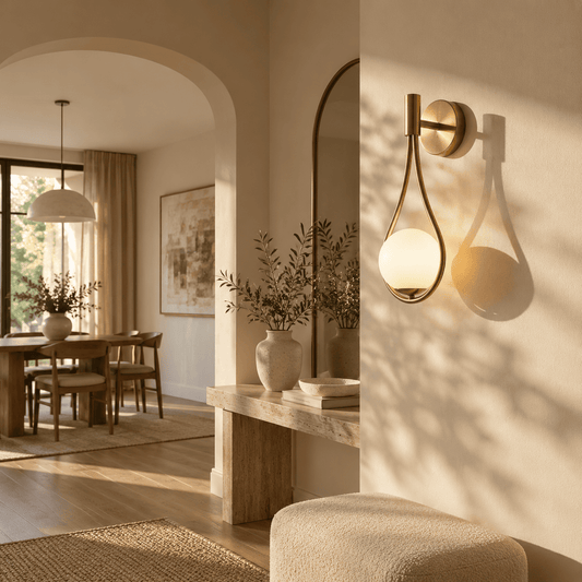 A modern wall-mounted sconce with a gold-toned metal frame and a frosted white glass shade, mounted on a warm beige wall in a sunlit interior.