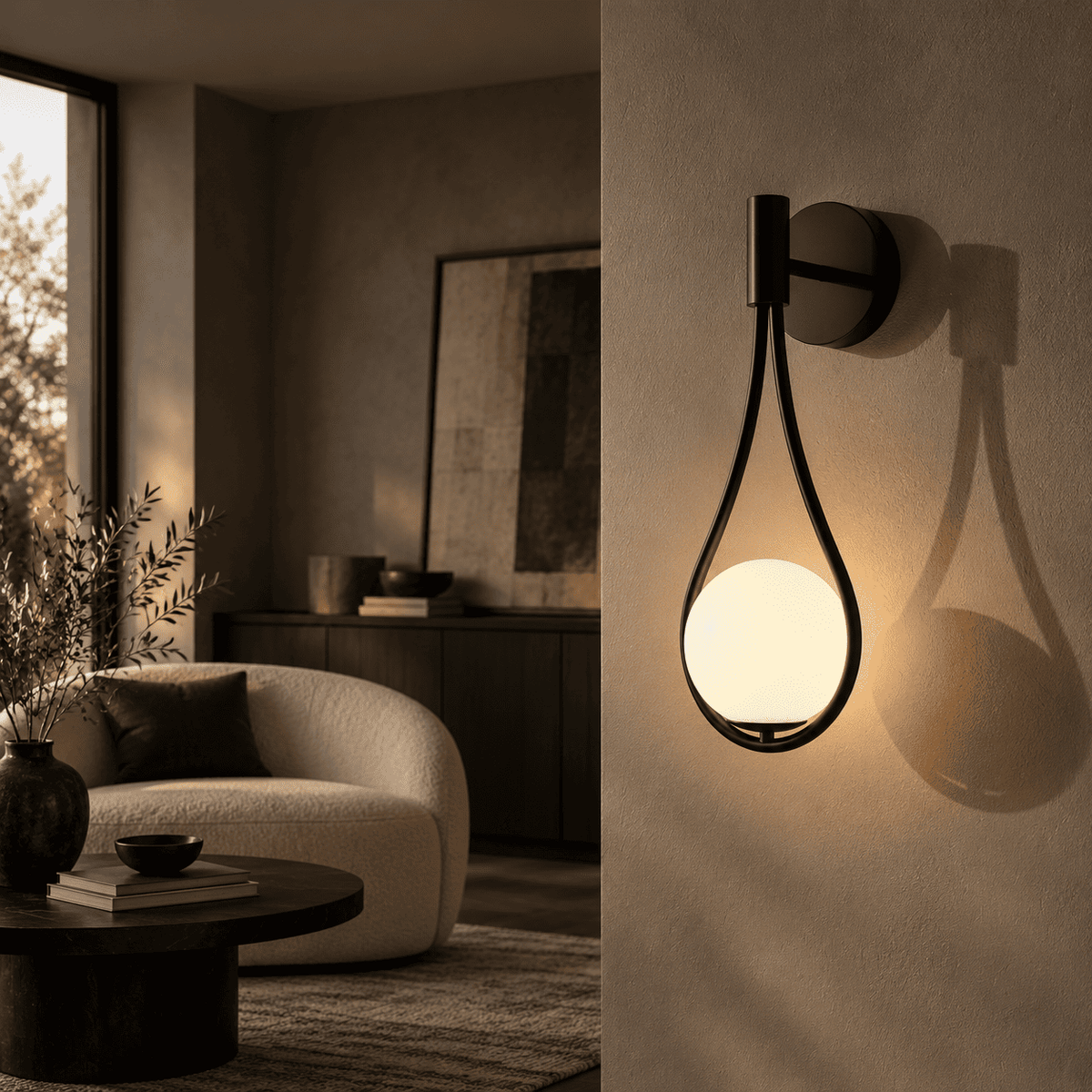 A modern teardrop-shaped wall sconce with white globe and black metal frame, mounted on a wall