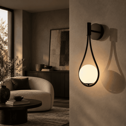 A modern teardrop-shaped wall sconce with white globe and black metal frame, mounted on a wall