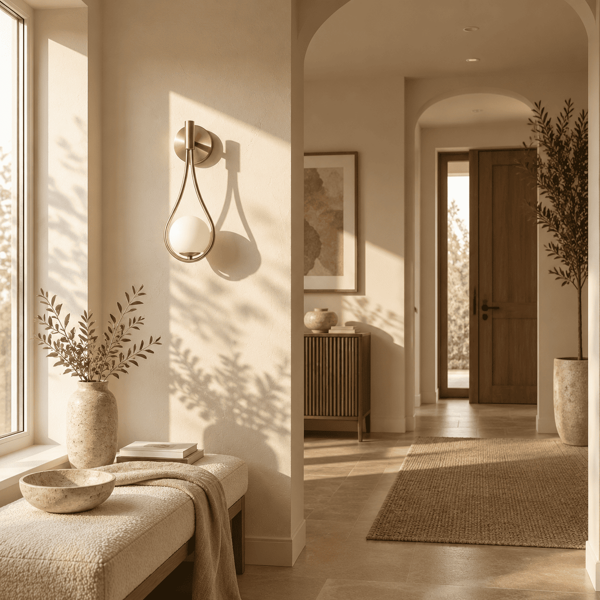 A modern wall-mounted sconce with a gold-toned frame and a white oval glass shade, mounted on a beige wall in a sunlit
