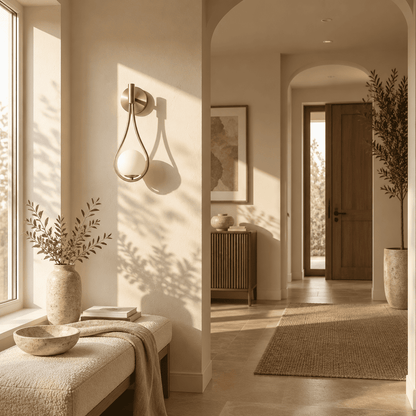 A modern wall-mounted sconce with a gold-toned frame and a white oval glass shade, mounted on a beige wall in a sunlit
