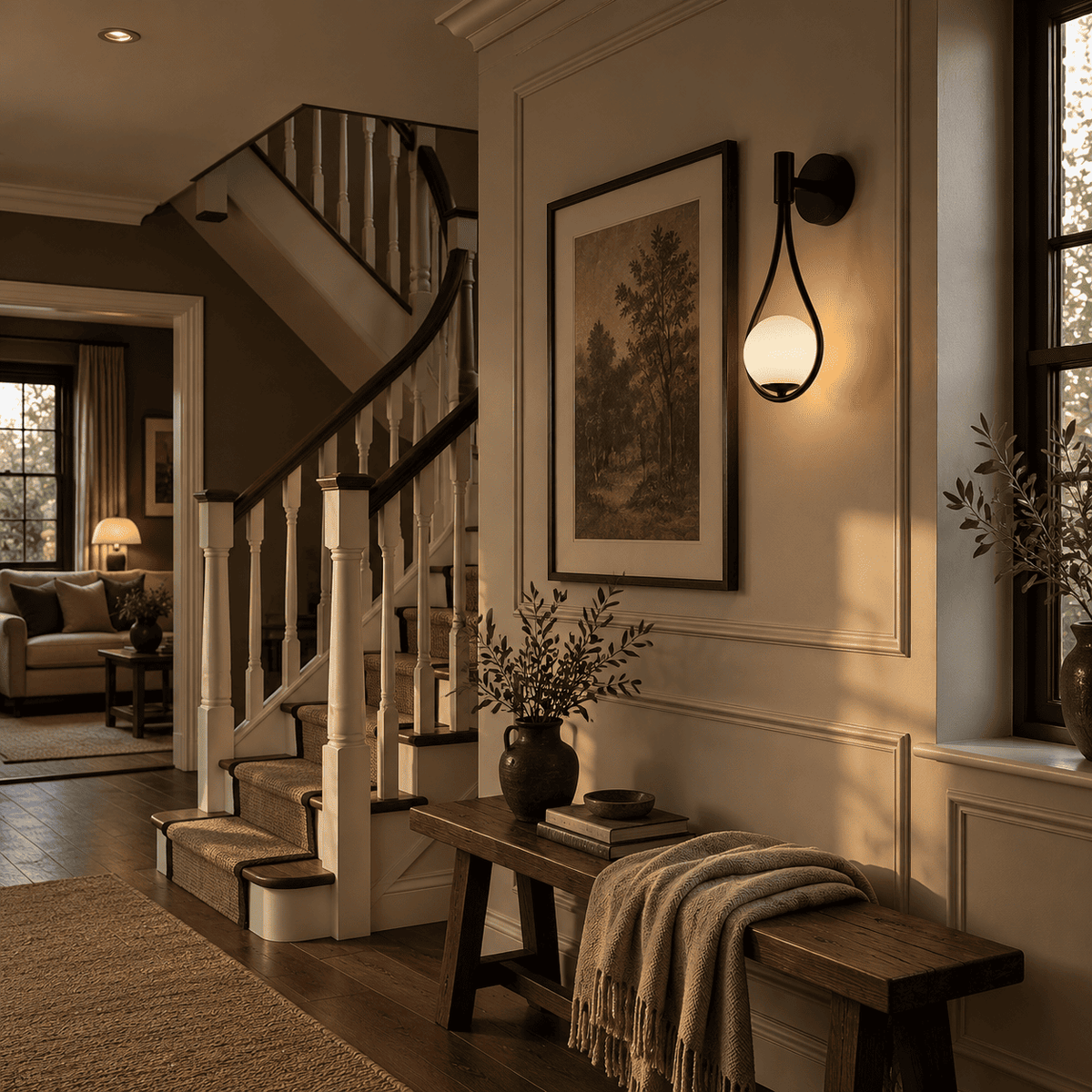 A warm, elegant interior entryway with a wooden staircase, a rustic wooden bench and a black wall sconce casting a soft glow.