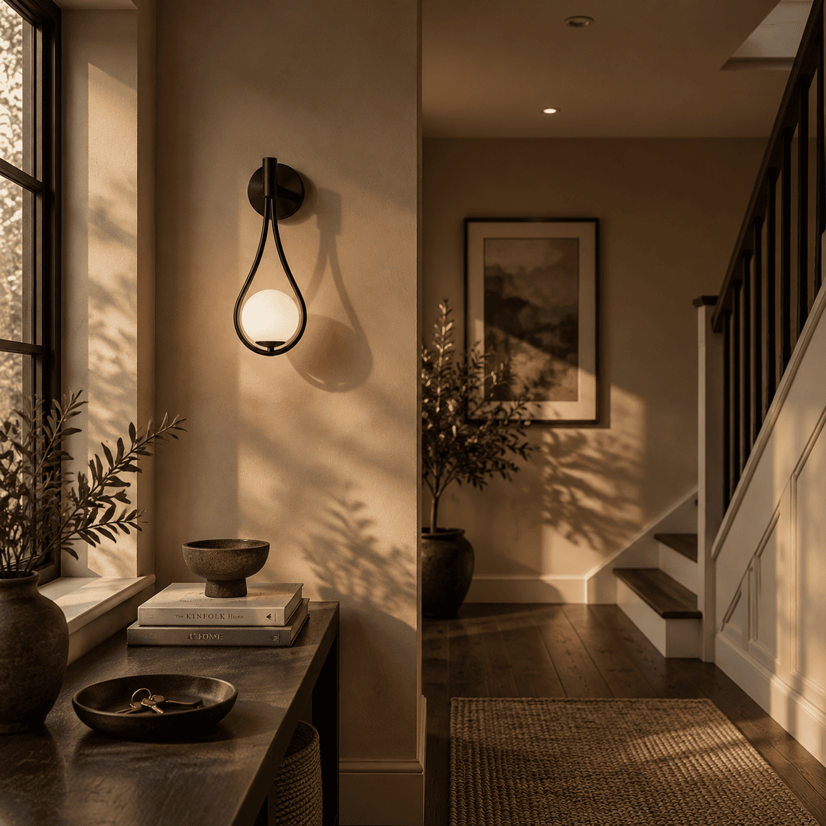 A modern black metal wall sconce with a teardrop-shaped glass shade, mounted on a wall