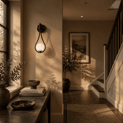 A modern black metal wall sconce with a teardrop-shaped glass shade, mounted on a wall