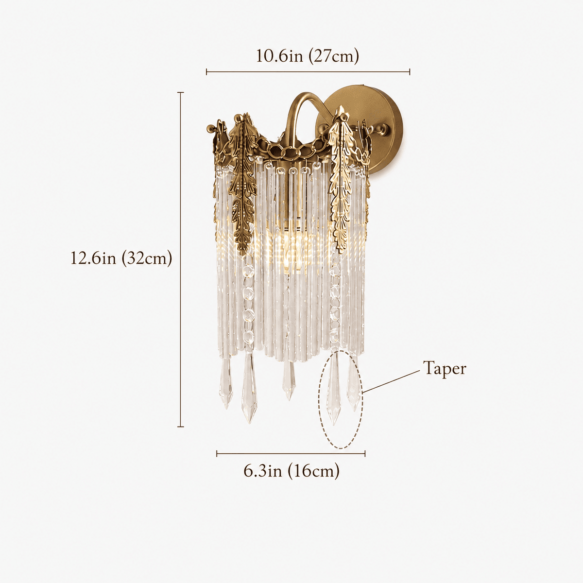 Gold wall sconce with clear tapered crystal prisms, shown with dimension labels