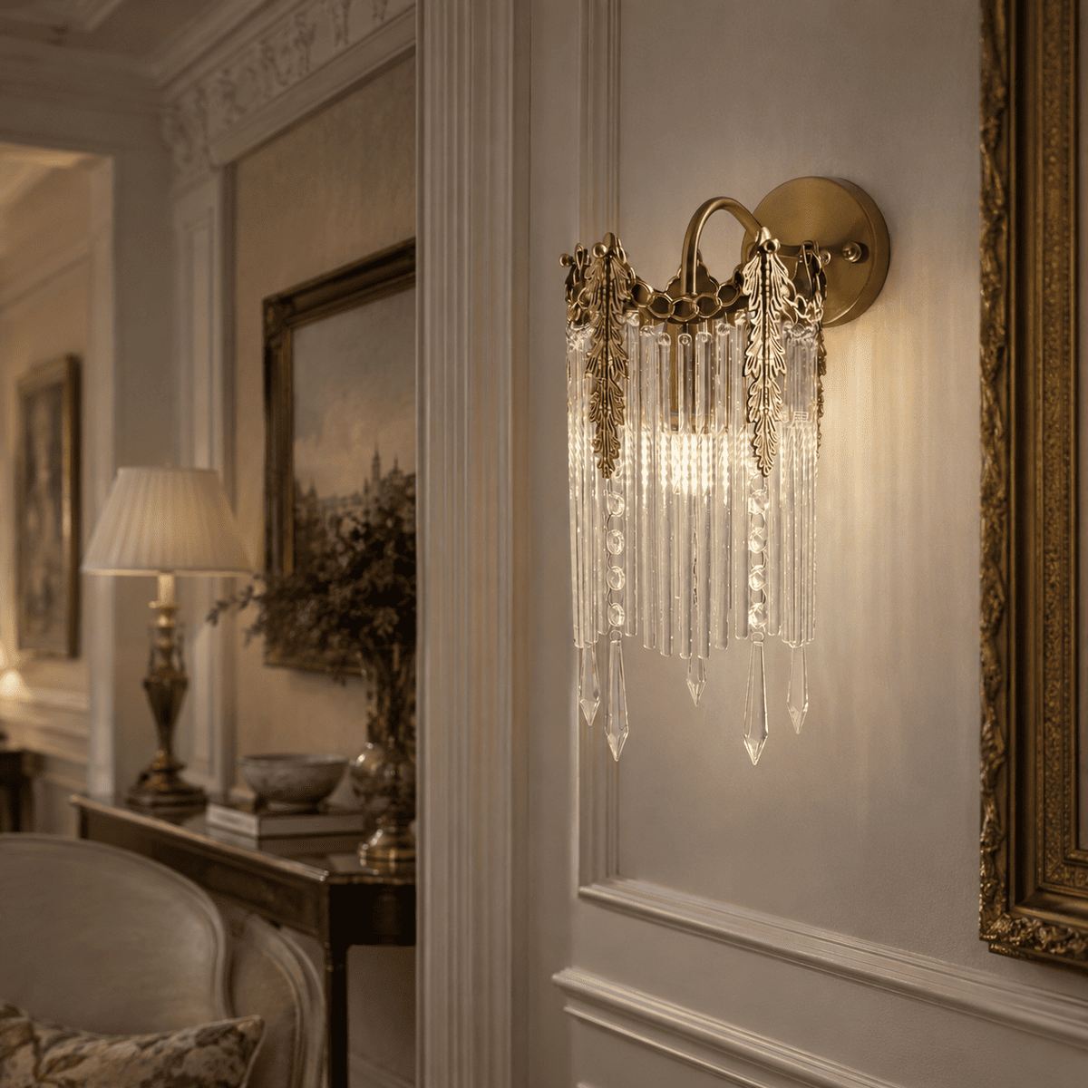 Wall sconce with hanging clear crystal prisms, mounted on a beige paneled wall 