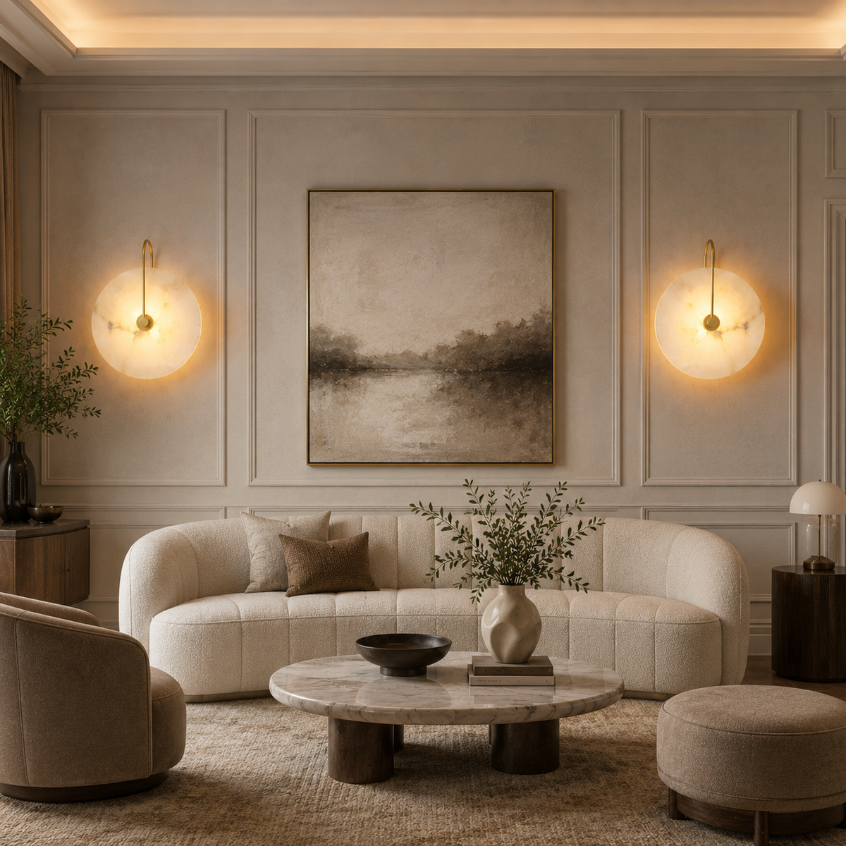 A modern living room with two glowing wall sconces light the space