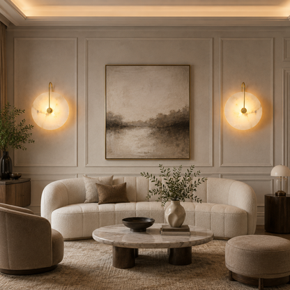 A modern living room with two glowing wall sconces light the space