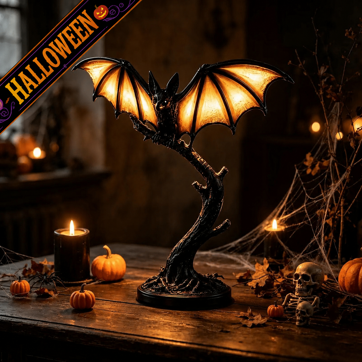 🎃 Gothic Bat Tree Branch Lamp