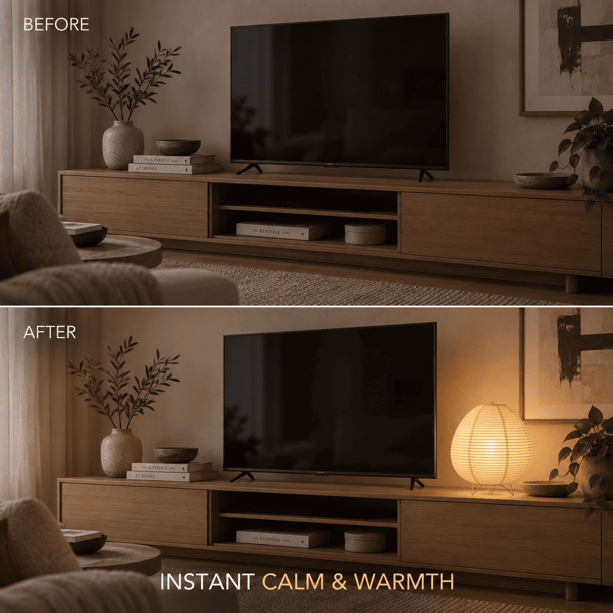 A split before-and-after lifestyle scene
