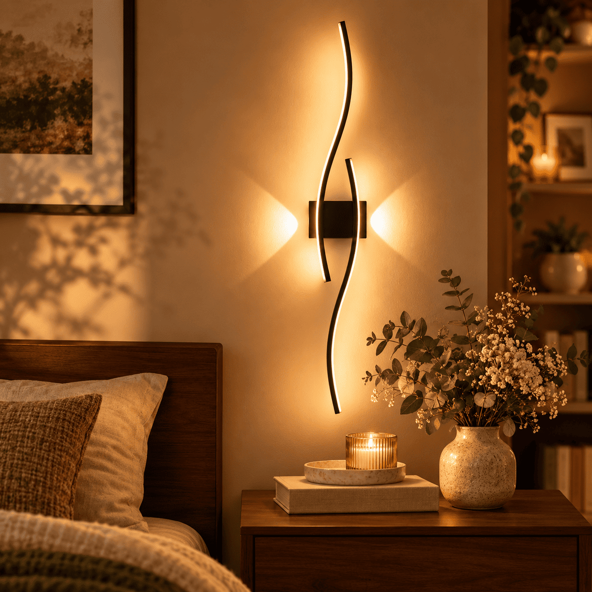 A modern wall-mounted LED light fixture with two vertical black curved bars, glowing warmly on a beige wall above a wooden nightstand