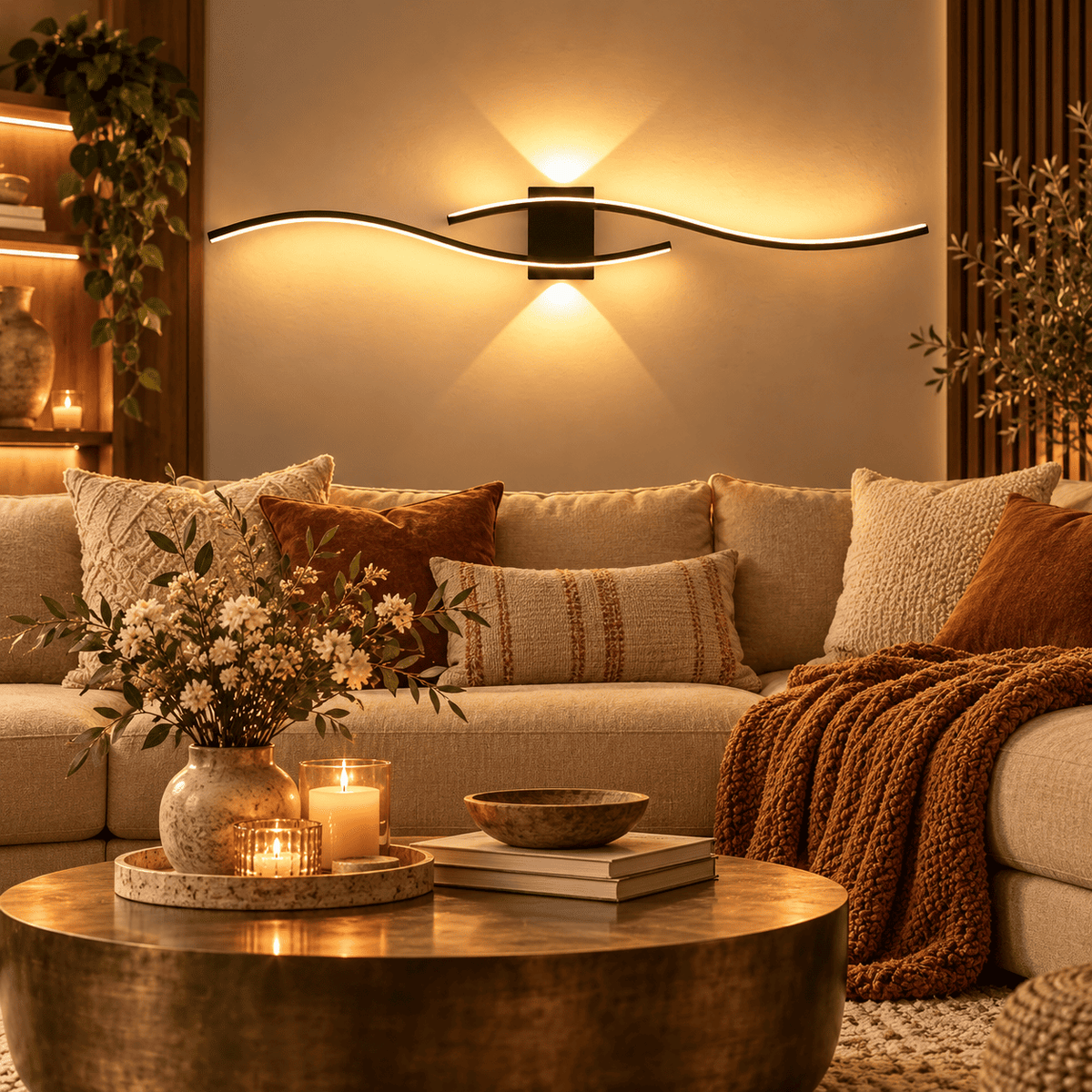 A modern wavy LED wall light with a black rectangular center and slim curved arms