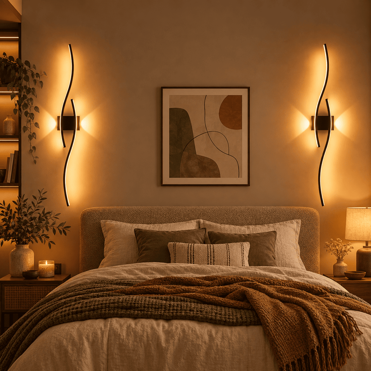 Two modern black wavy wall sconces glow on the beige wall above a framed abstract print
