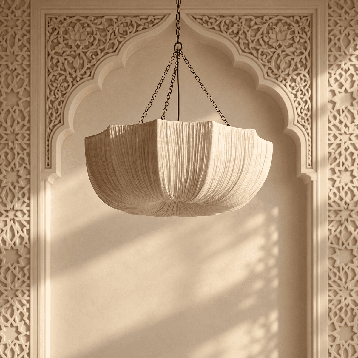 A cream-colored pleated fabric pendant light