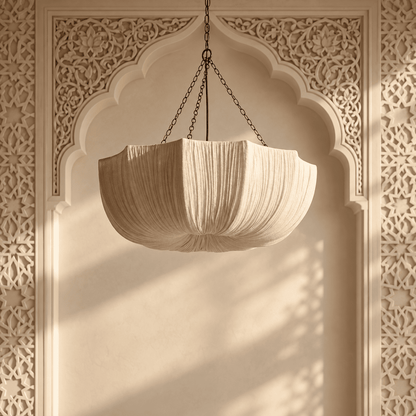 A cream-colored pleated fabric pendant light
