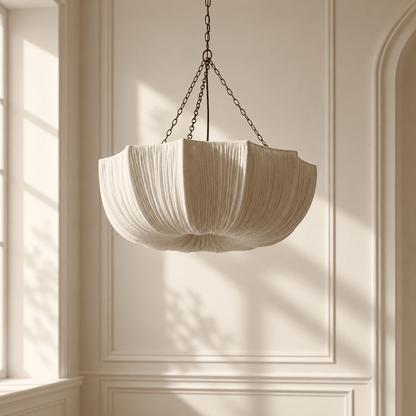 A cream-colored pleated fabric pendant light hangs from a dark metal chain 