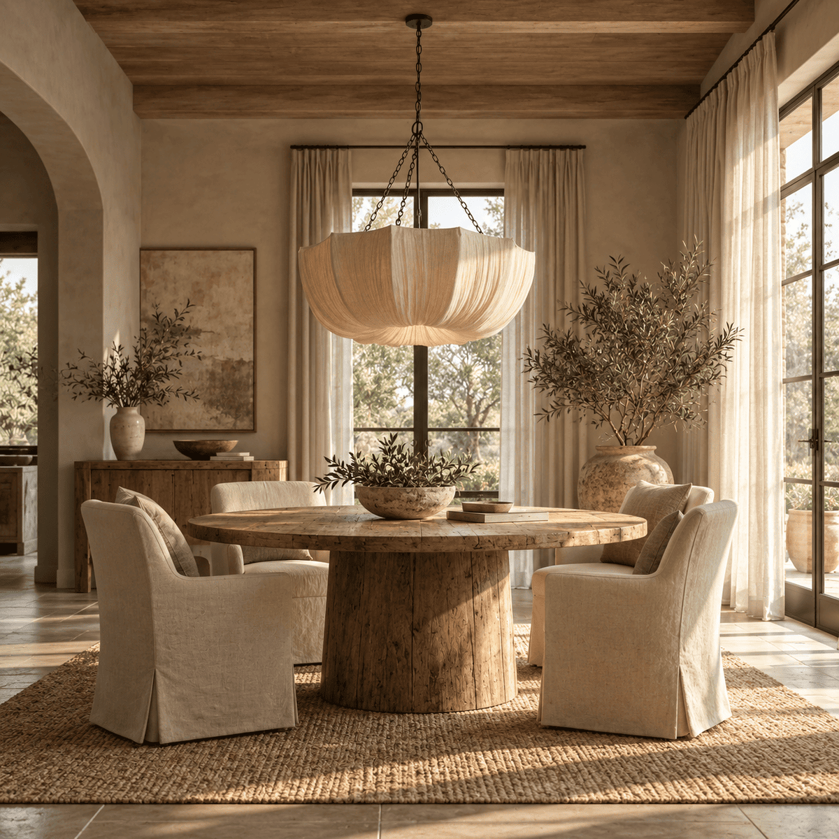 A large cream fabric pendant light hangs above the table