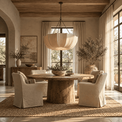 A large cream fabric pendant light hangs above the table