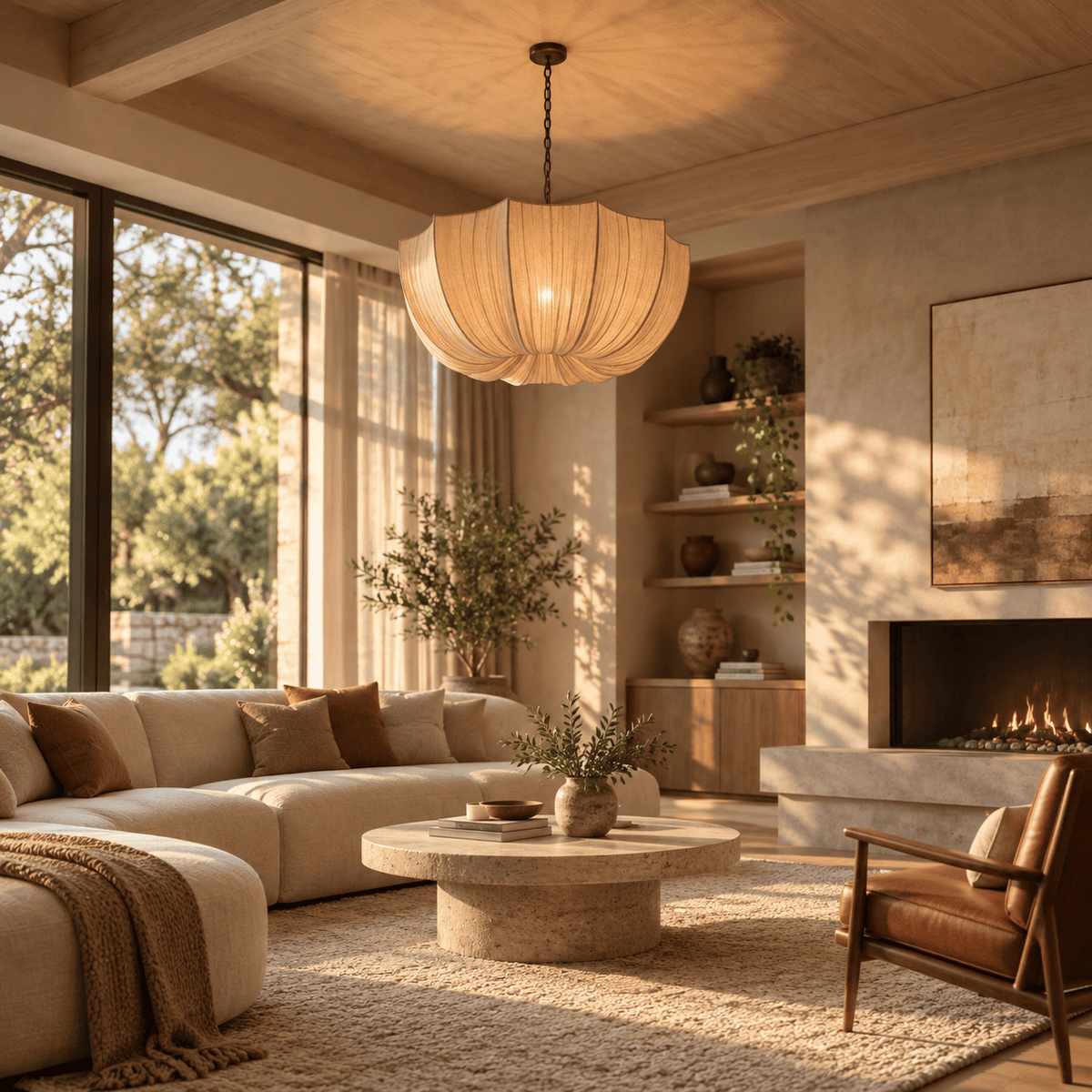 A warm, modern living room with a large beige pleated pendant light hanging over a round stone coffee table