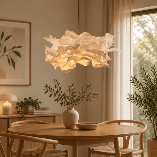 A modern, cloud-like pendant light with a textured, layered white paper 