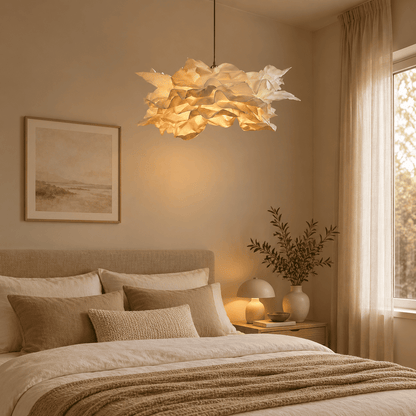 A modern cloud-like pendant light with layered paper petals hangs over a neatly made bed
