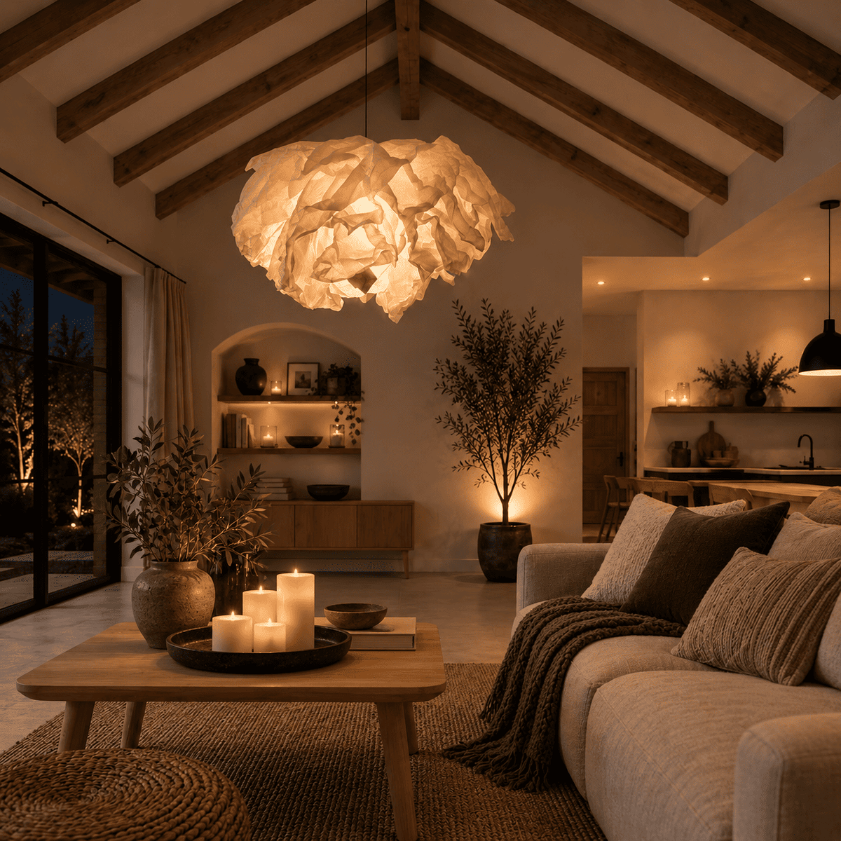 Paper-like pendant chandelier hanging from a high wood-beamed ceiling