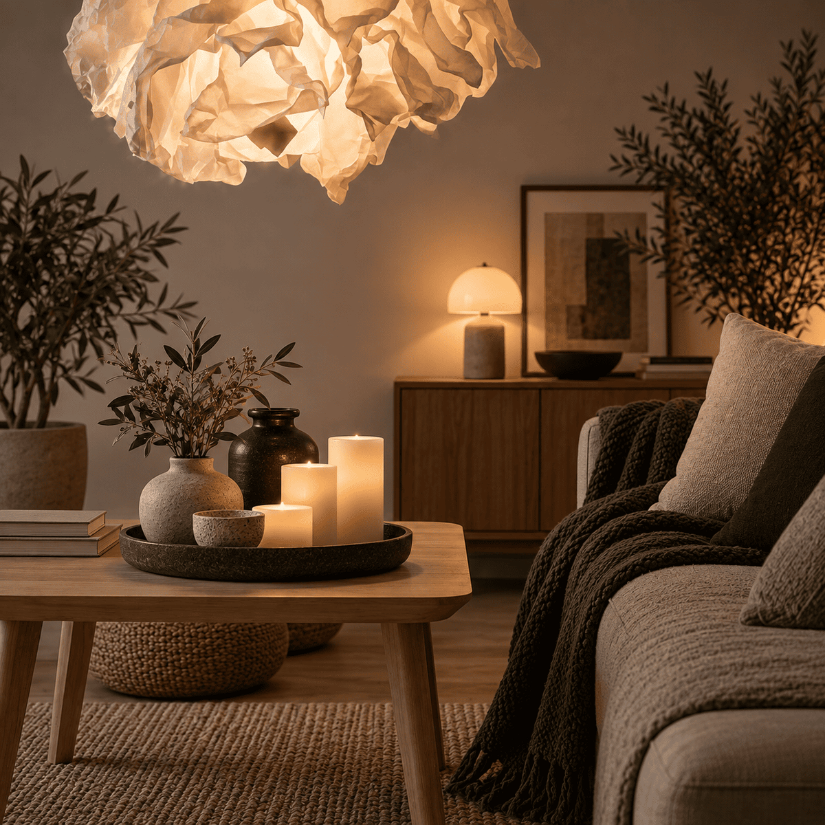 A cozy living room scene with a large textured white paper lantern-style pendant light hanging above a wooden coffee table