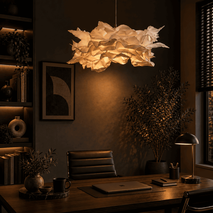 A modern, cloud-like pendant light with a textured, layered paper or fabric surface hangs over a dark wood desk