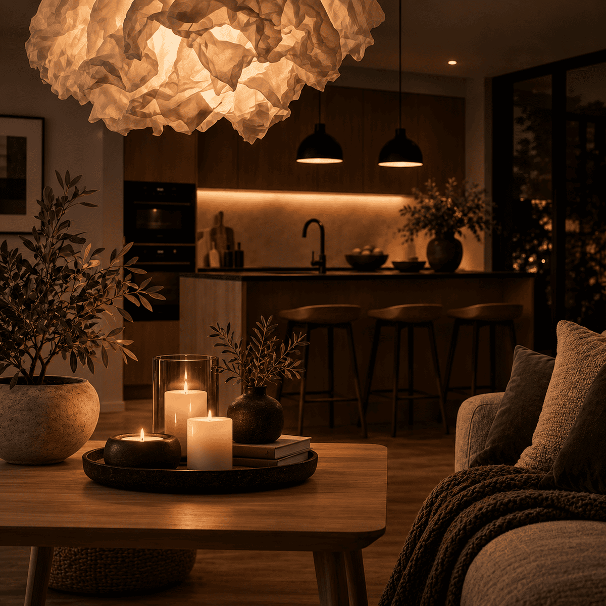 A cozy modern living room at night with a large textured white pendant light hanging above a coffee table