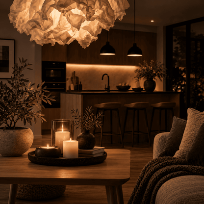A cozy modern living room at night with a large textured white pendant light hanging above a coffee table