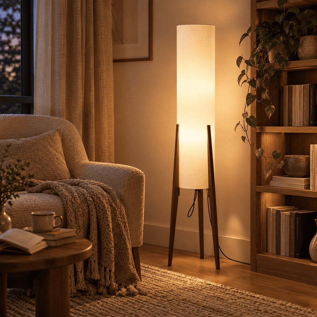 Walnut tripod floor lamp with tall linen cylinder shade glowing in a cozy reading nook beside an armchair and bookshelf
