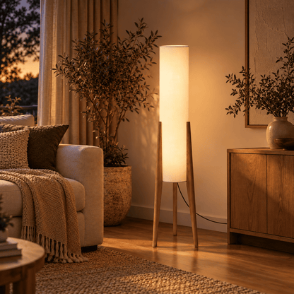 Tripod floor lamp with white linen cylinder shade and wooden legs, glowing warmly in a cozy living room at dusk