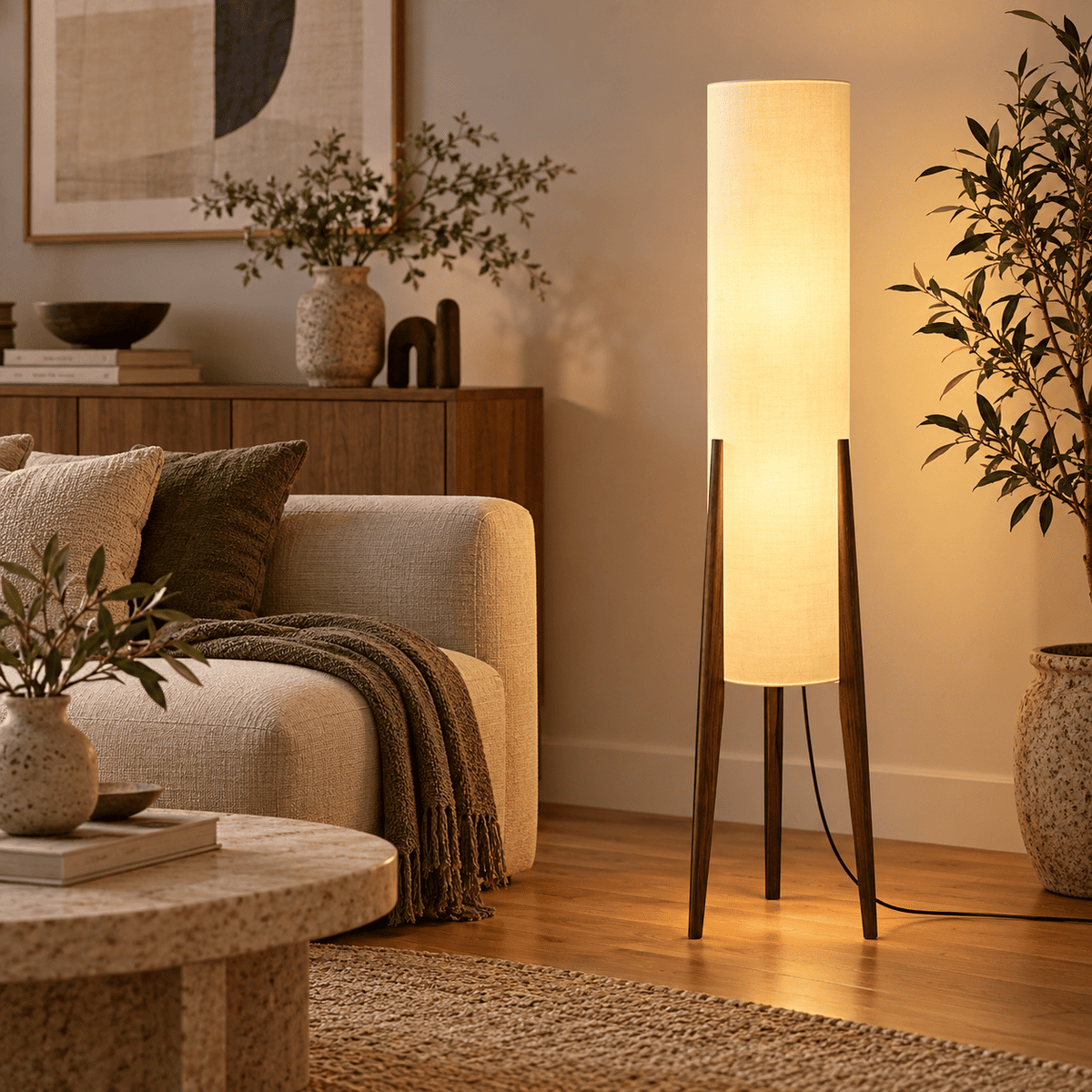 Dark walnut tripod floor lamp with tall linen cylinder shade glowing beside a cream sofa in a modern living room