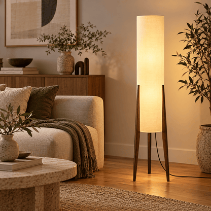 Dark walnut tripod floor lamp with tall linen cylinder shade glowing beside a cream sofa in a modern living room
