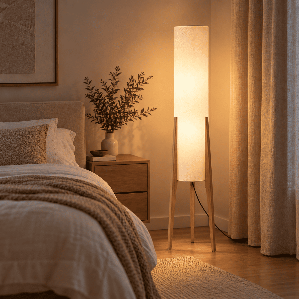 Light wood tripod floor lamp with tall linen cylinder shade glowing softly beside a bed and nightstand in a cozy bedroom