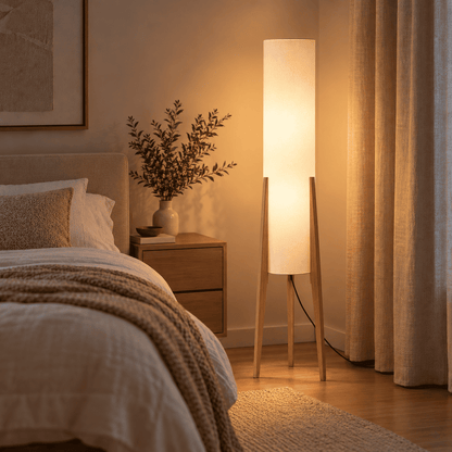 Light wood tripod floor lamp with tall linen cylinder shade glowing softly beside a bed and nightstand in a cozy bedroom