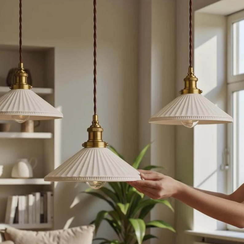 Three cream pleated pendant light shades with brass hardware hang from dark brown cords in a bright, modern room