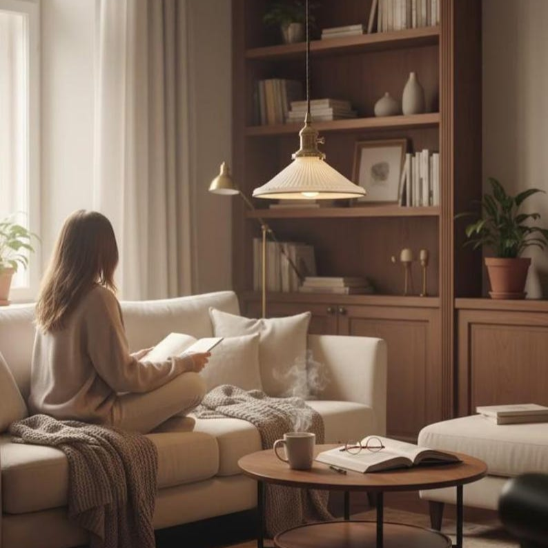 The room features warm wood bookshelves, a hanging pendant light, a small wooden coffee table with an open book and glasses