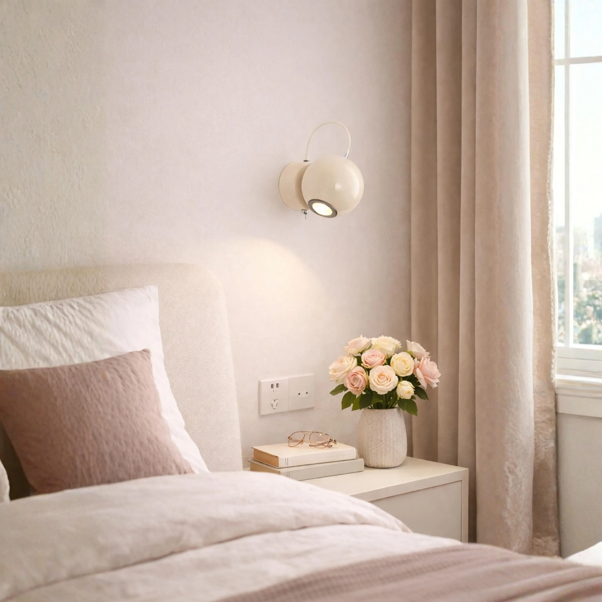 A modern wall-mounted reading light with a spherical shade and adjustable head